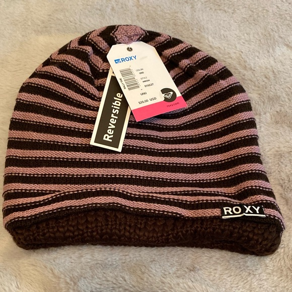 Roxy reversible striped beanie, light purple and dark brown stripe, NWT - Picture 1 of 11